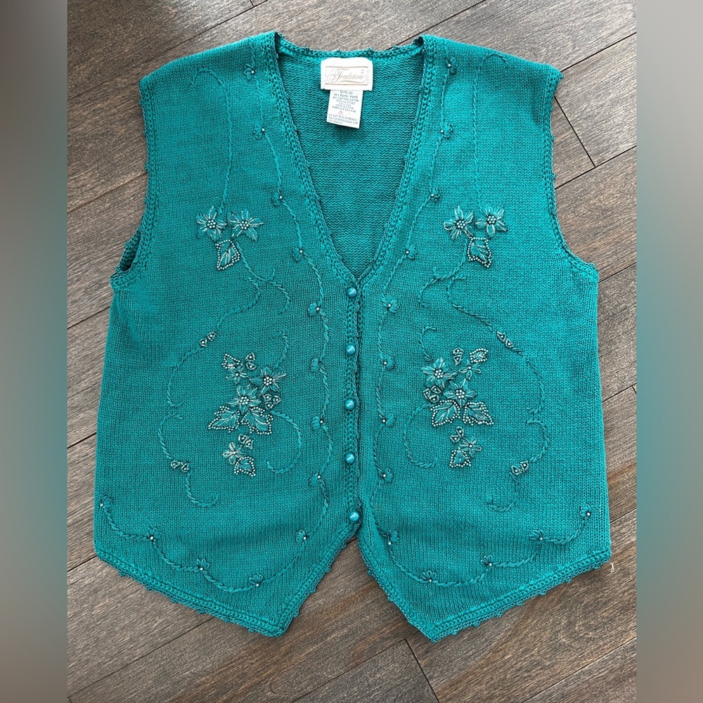 Vntg Teal Embroidered Knit Vest‎ size 10-12